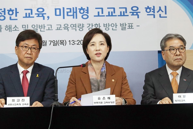 ▲유은혜 사회부총리 겸 교육부 장관이 7일 오후 정부서울청사에서 자율형사립고(자사고)·외국어고(외고)·국제고를 2025년 일제히 일반고로 전환한다는 내용을 골자로 하는 '고교서열화 해소 및 일반고 교육역량 강화 방안'을 발표하고 있다. 왼쪽부터 최교진 세종시교육청 교육감, 유 부총리, 이재정 경기도 교육청 교육감. (연합뉴스)