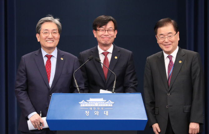 ▲청와대 노영민 대통령 비서실장(왼쪽부터), 김상조 정책실장, 정의용 국가안보실장이 10일 오후 춘추관 대브리핑룸에서 열린 기자간담회에 앞서 모두발언을 마친 뒤 미소를 짓고 있다. ( (사진=연합뉴스))