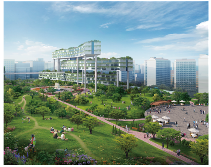 ▲강일 버스차고지 입체화 후 조성되는 오픈 스페이스와 디자인 특화 청신호 주택의 모습 상상도. (출처=서울시)