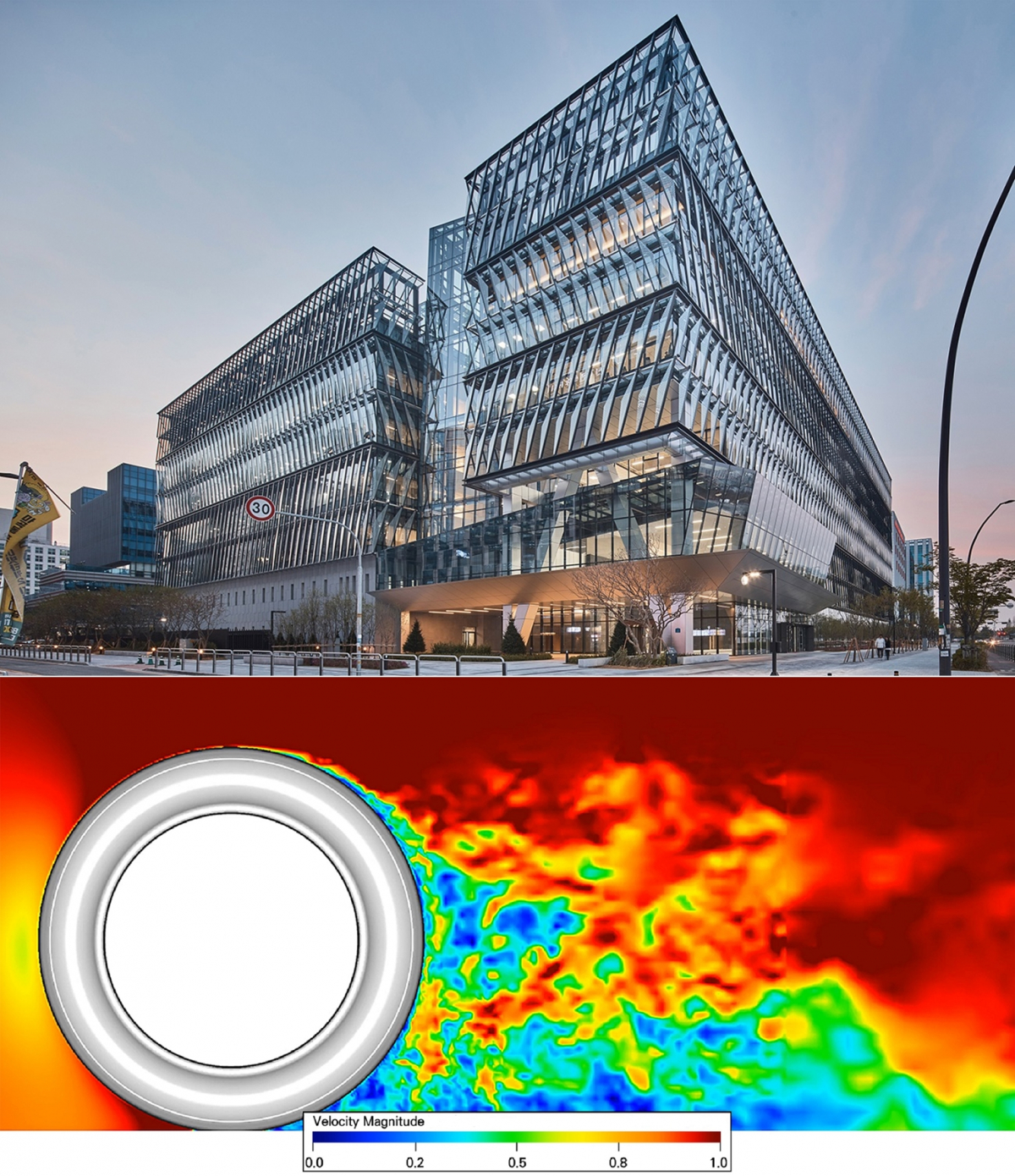 ▲타이어 주위의 공기 흐름을 나타내는 결과 이미지. 타이어 주위의 공기 흐름의 형태에 따라 타이어 공력 성능의 좋고/나쁨을 판단 할 수 있다. (사진제공=넥센타이어)