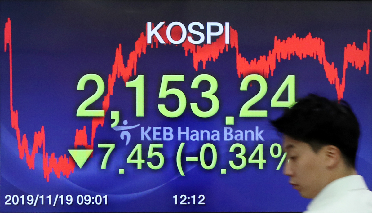 ▲19일 코스피는 전 거래일보다 7.45포인트(0.34%) 내린 2153.24에 거래를 마쳤다. (연합뉴스)