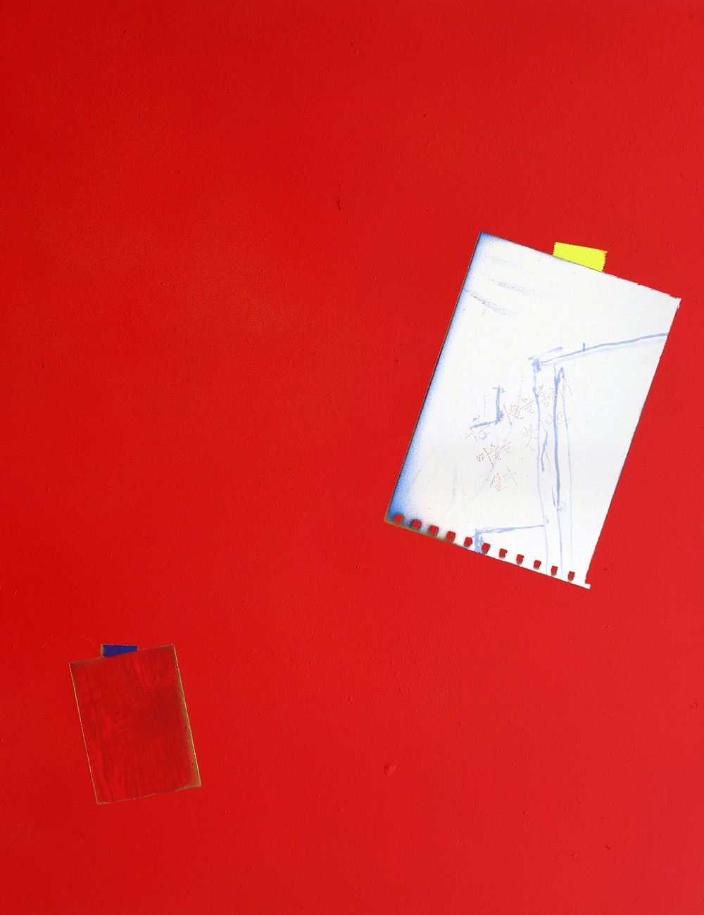 ▲허구영, 두 조각 - 파랑, 노랑, 빨강으로부터, 2019, 면천에 드로잉과 아크릴, 스프레이 페인트, 65x53cm