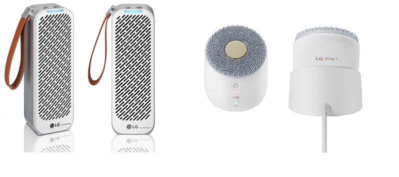 ▲휴대용 공기청정기인 LG 퓨리케어 미니(왼쪽)과 홈뷰티기기 LG 프라엘 초음파 클렌저  (사진제공=LG전자)