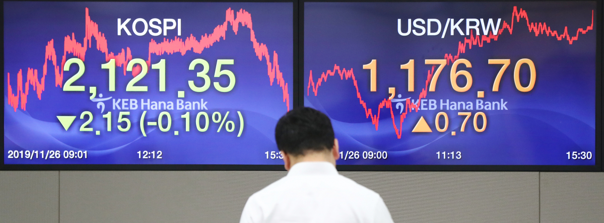 ▲코스피가 사흘 만에 하락세로 마감한 26일 오후 서울 중구 KEB하나은행 딜링룸에 코스피 종가가 스크린에 띄워져 있다.  (연합뉴스)