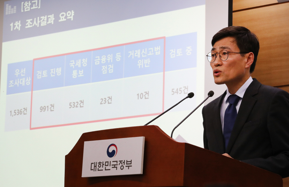 ▲이문기 국토교통부 주택토지실장이 28일 오후 세종시 정부세종청사에서 8-9월 신고된 서울지역 공동주택(아파트 등, 분양권 포함) 실거래 관계기관 합동조사 결과 발표를 하고 있다. (연합뉴스)