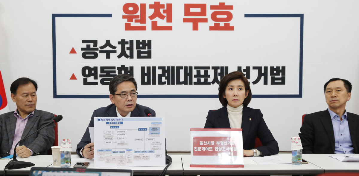 ▲자유한국당 곽상도 의원이 28일 오후 서울 여의도 국회에서 열린 '울산시장 부정선거 등 친문게이트 진상조사위원회 1차 회의'에서 발언하고 있다.  (연합뉴스)