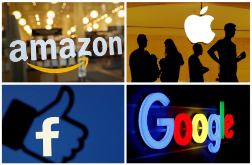 ▲‘GAFA’로 불리는 미국 실리콘밸리 대기업 로고. 왼쪽 위에서부터 시계 방향으로 아마존 애플 구글 페이스북. 로이터연합뉴스
