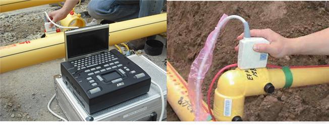 ▲‘폴리에틸렌(PE) 소재 가스배관 검사장비와 검사 모습. (사진제공=산업통상자원부)