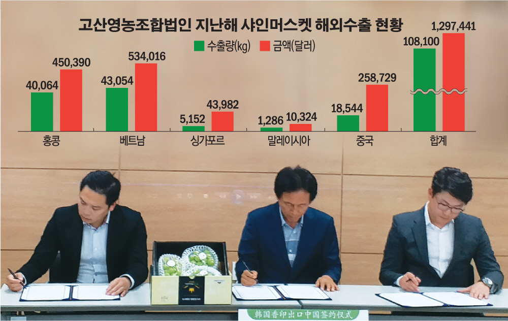 ▲고산영농조합법인은 올해 8월 19일 중국 쉰젠 원프루트, SG인터내셔널과 향후 5년간 ‘샤인머스켓 3000만 달러 규모 수출’을 약속하는 양해각서(MOU)를 체결했다. 왼쪽부터 브라이언 쉰젠 원프루트 대표, 김형수 조합장, 조형도 SG인터내셔널 대표. (사진제공=고산영농조합)