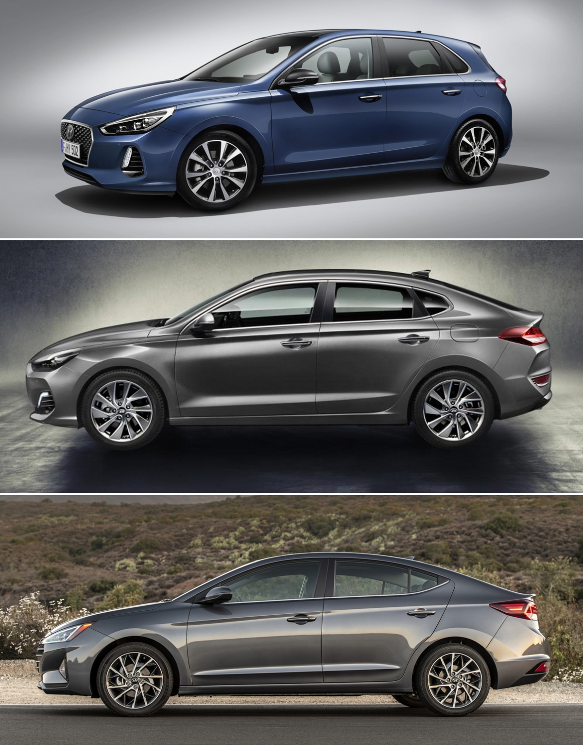 ▲세단과 해치백 일색이었던 자동차 시장에 두 가지의 장점을 한데 엮은 이른바 '패스트백'이 영역을 확대하고 있다. 사진 위부터 현대차 i30 해치백, i30 패스트백, 아반떼(수출명 엘란트라)의 모습. 해치백과 패스트백, 세단의 차이가 극명하다. (출처=뉴스프레스UK)