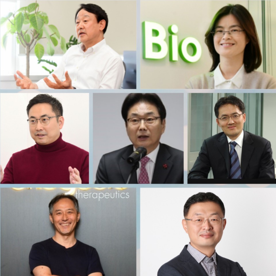 ▲(왼쪽 맨 위부터 시계방향으로)이병건 SCM생명과학 대표(첨단재생의료산업협의회 회장), 이수진 압타바이오 대표, 배지수 지놈앤컴퍼니 대표, 황만순 한국투자파트너스 상무, 이정규 브릿지바이오테라퓨틱스 대표, 김태순 신테카바이오 사장, 원희목 한국제약바이오협회장(가운데).