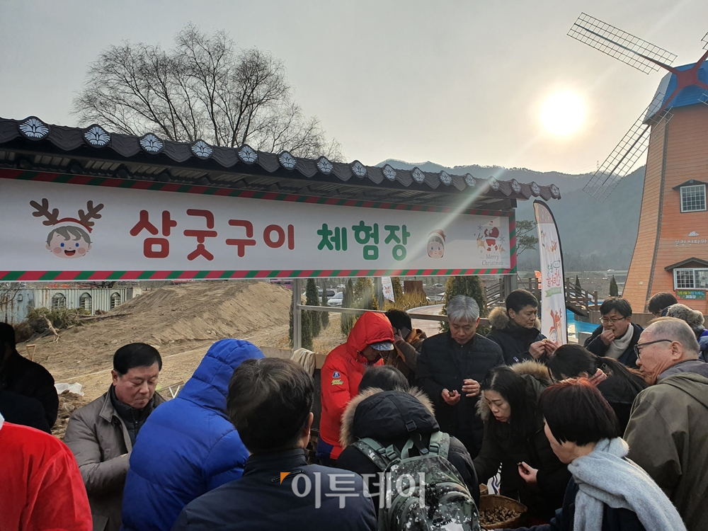 ▲삼굿구이 체험장에선 갓 쪄낸 따끈따끈한 달걀, 땅꽁, 감자, 고구마 등을 맛볼 수 있어 관광객들로 북적인다. 김소희 기자 ksh@
