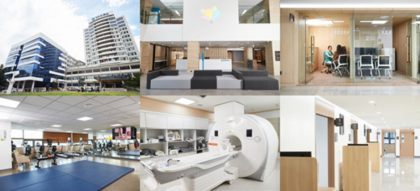 ▲후마니타스암병원 모습 (왼쪽부터 시계방향으로 암병원 전경, 1층 로비, 맞춤상담실, 암재활클리닉, MRI실, 진료실) (경희의료원)