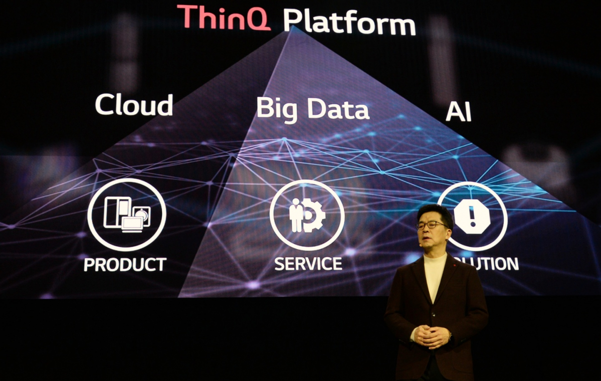 ▲박일평 LG전자 최고기술책임자 사장이 CES 2020 프레스컨퍼런스를 통해 AI의 발전 단계를 제시했다. (사진제공=LG전자)