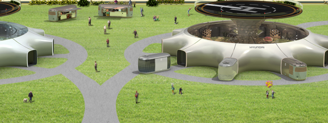 ▲허브에 내린 이용객은 목적 기반 모빌리티를 이용해 육상 이동할 수 있다. (이미지=현대차)