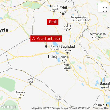 ▲이란이 7일(현지시간) 공격을 가한 이라크 기지 2곳. 출처 CNN
