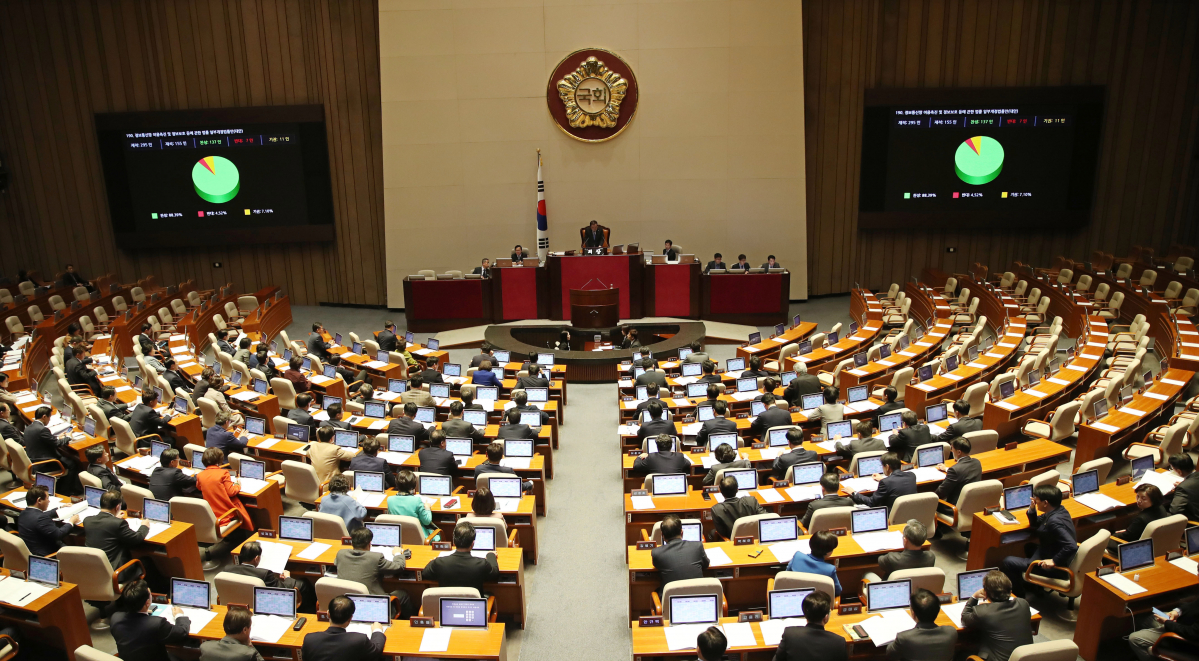 ▲9일 국회에서 열린 본회의에서 정보통신망 이용촉진 및 정보보호 등에 관한 법률 일부개정법률안(대안)이 통과되고 있다. (연합뉴스)