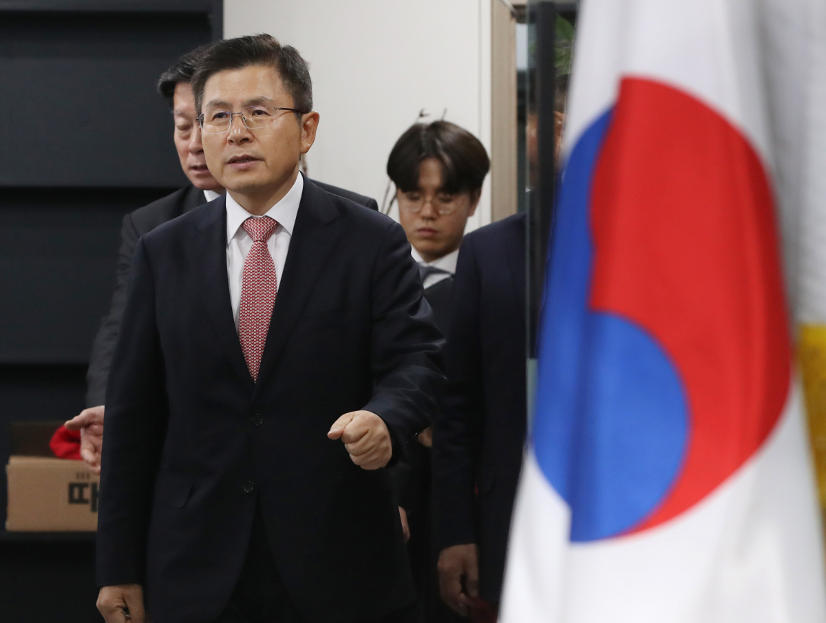 ▲자유한국당 황교안 대표가 22일 오전 서울 영등포구 중앙당사에서 열린 신년 기자회견에 입장하고 있다. (연합뉴스)