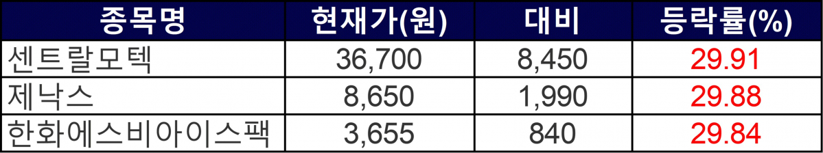 ▲29일 상한가 종목들. (자료=한국거래소)