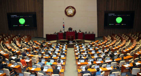 ▲9일 국회에서 열린 본회의에서 자유한국당 의원들이 불참한 가운데 민생법안이 처리되고 있다.  (연합뉴스)