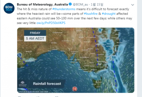 ▲15일(현지시각) 산불과 가뭄 영향을 받은 호주 동부 일부 지역은 며칠 동안 50-100mm의 비가 내릴 것이라고 한다. (출처=호주 기상청 트위터 캡처)