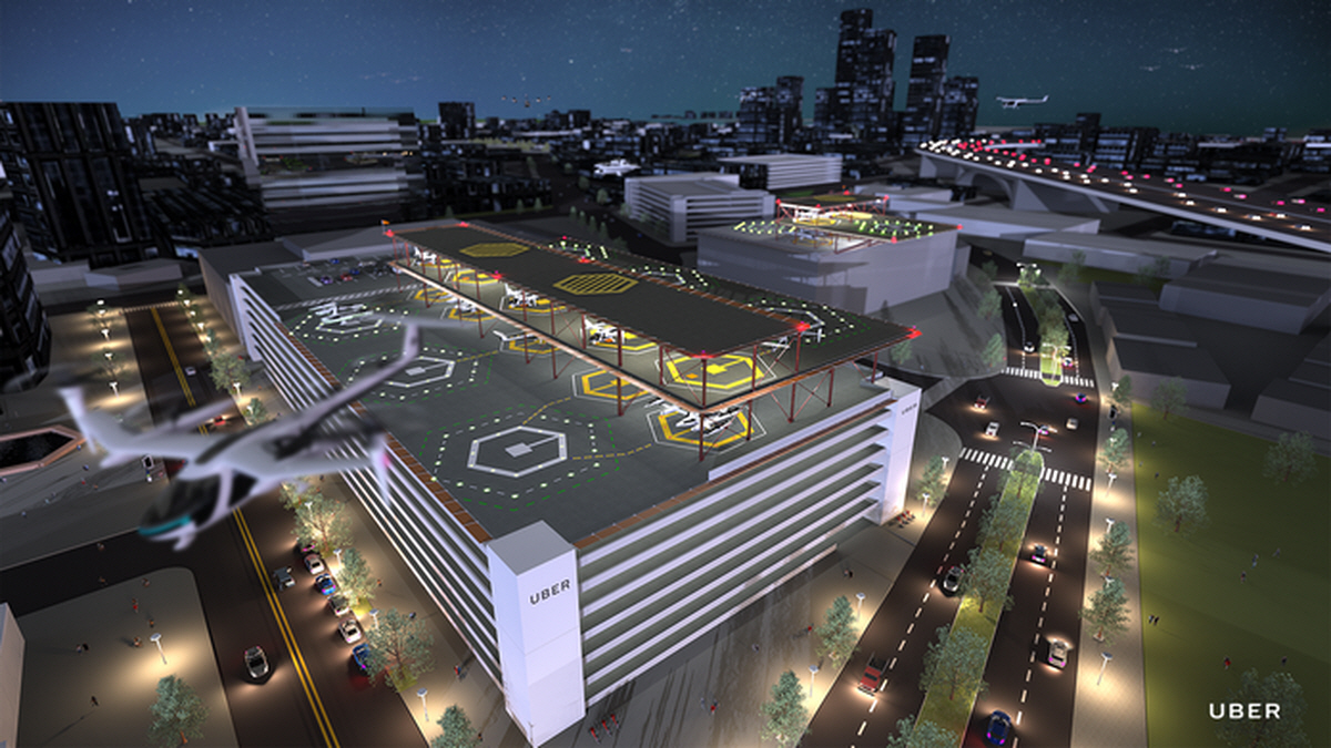 ▲우버 '스카이 포트' 개념도의 모습. 단순한 이착륙장을 넘어서 지상 모빌리티와 연결성이 중요하다.  (출처=우버 엘리베이트)