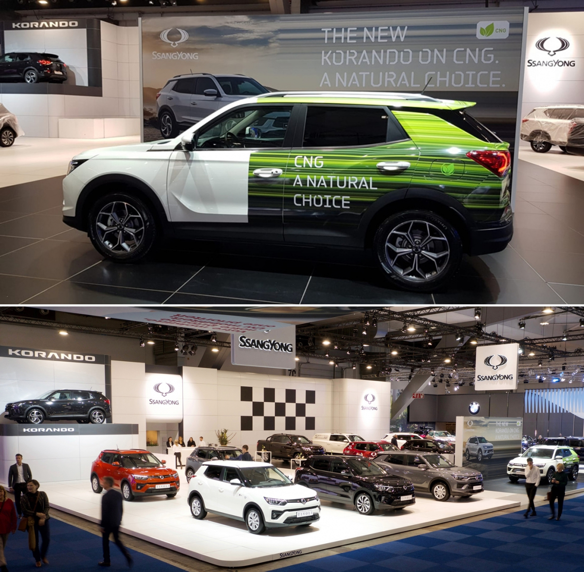 ▲쌍용차가 자사 모델 가운데 처음으로 2가지 연료를 골라 쓸 수 있는 이른바 '바이-퓨얼' 모델을 유럽에 선보였다. 사진은 벨기에 브뤼셀 모터쇼에 등장한 코란도 바이-퓨얼(가솔린-CNG) 모델의 모습. (사진제공=쌍용차)