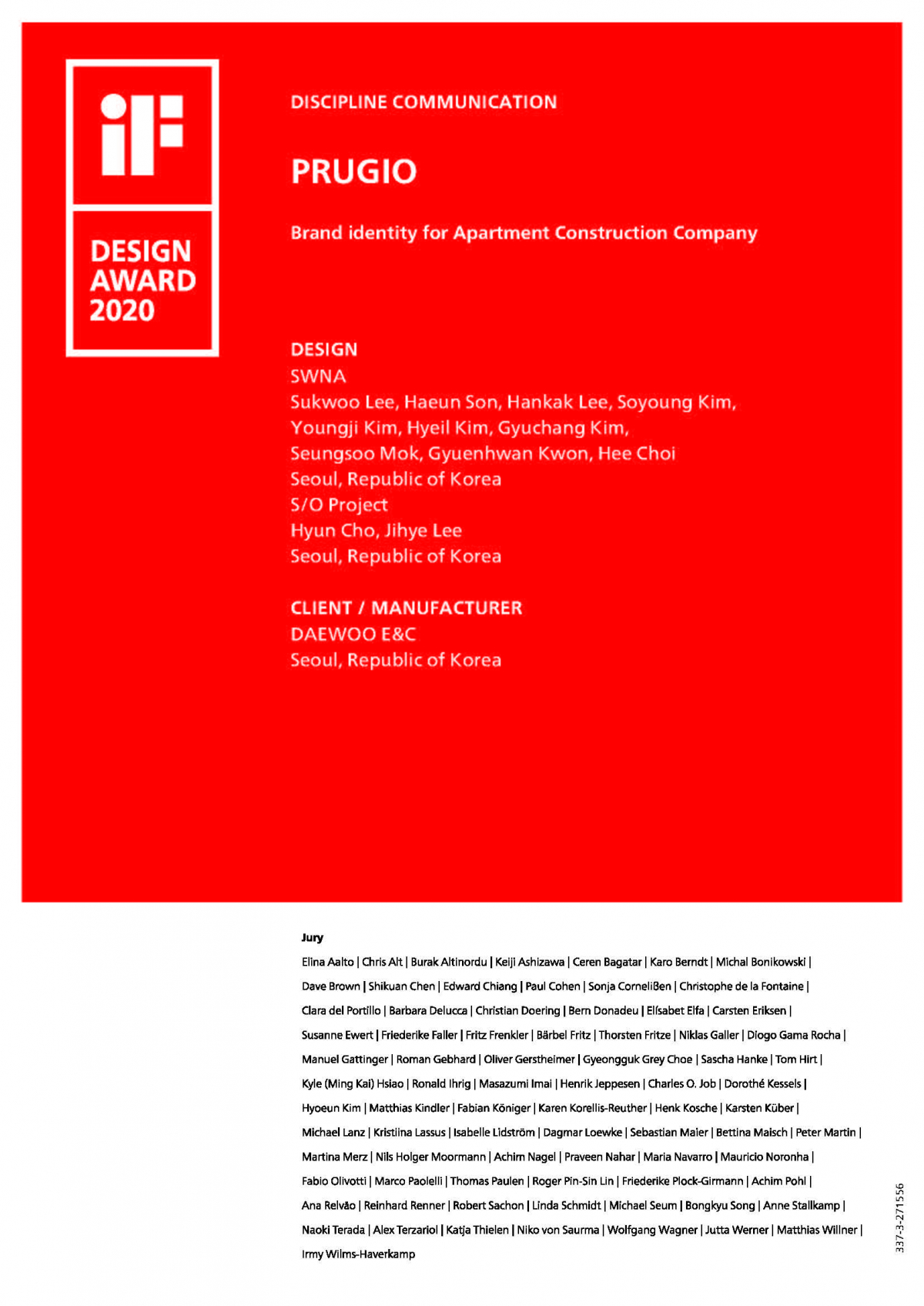 ▲대우건설의 아파트 브랜드 ‘푸르지오’가 독일 함부르크에서 열린 'IF 디자인 어워드 2020'에서 본상을 수상했다. 사진은 커뮤니케이션 부문 수상 수상인증서. (사진 제공=대우건설)