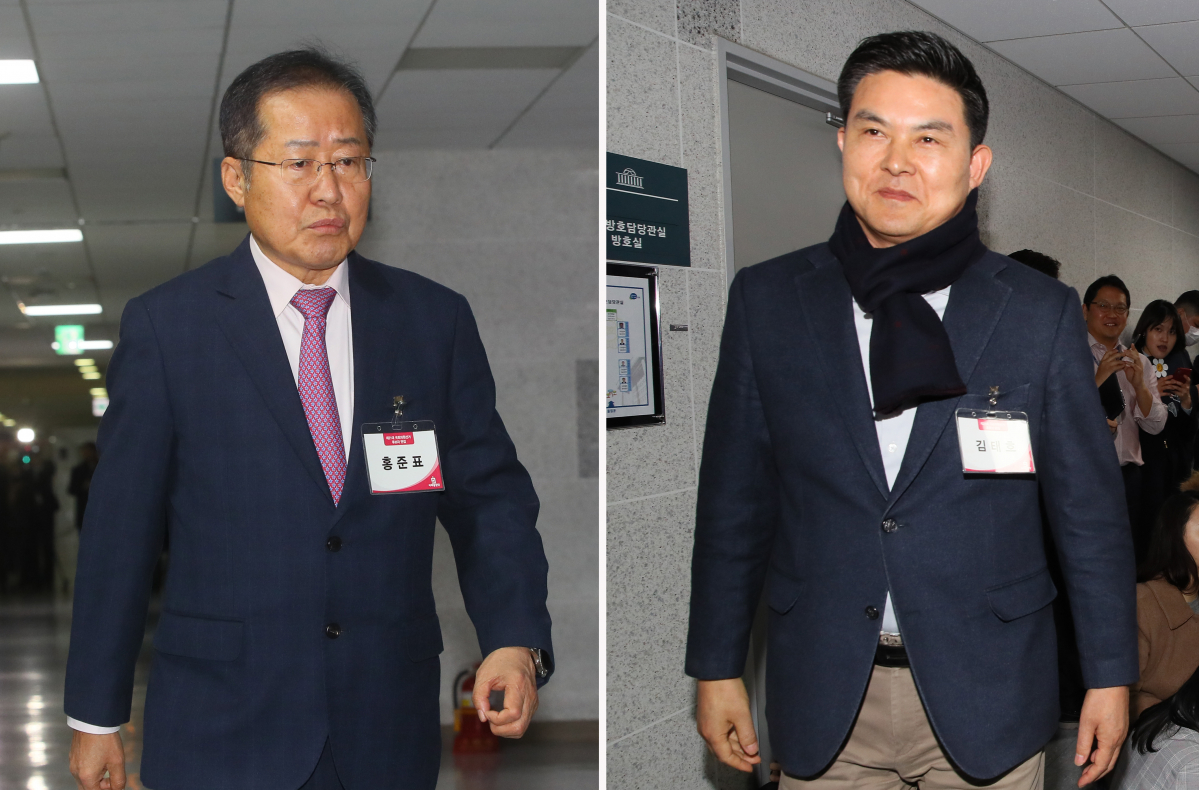 ▲홍준표 전 자유한국당 대표(왼쪽)와 김태호 전 경남지사가 20일 국회 의원회관에서 미래통합당의 제21대 국회의원 예비후보자 면접에 각각 입장하고 있다.   (연합뉴스)