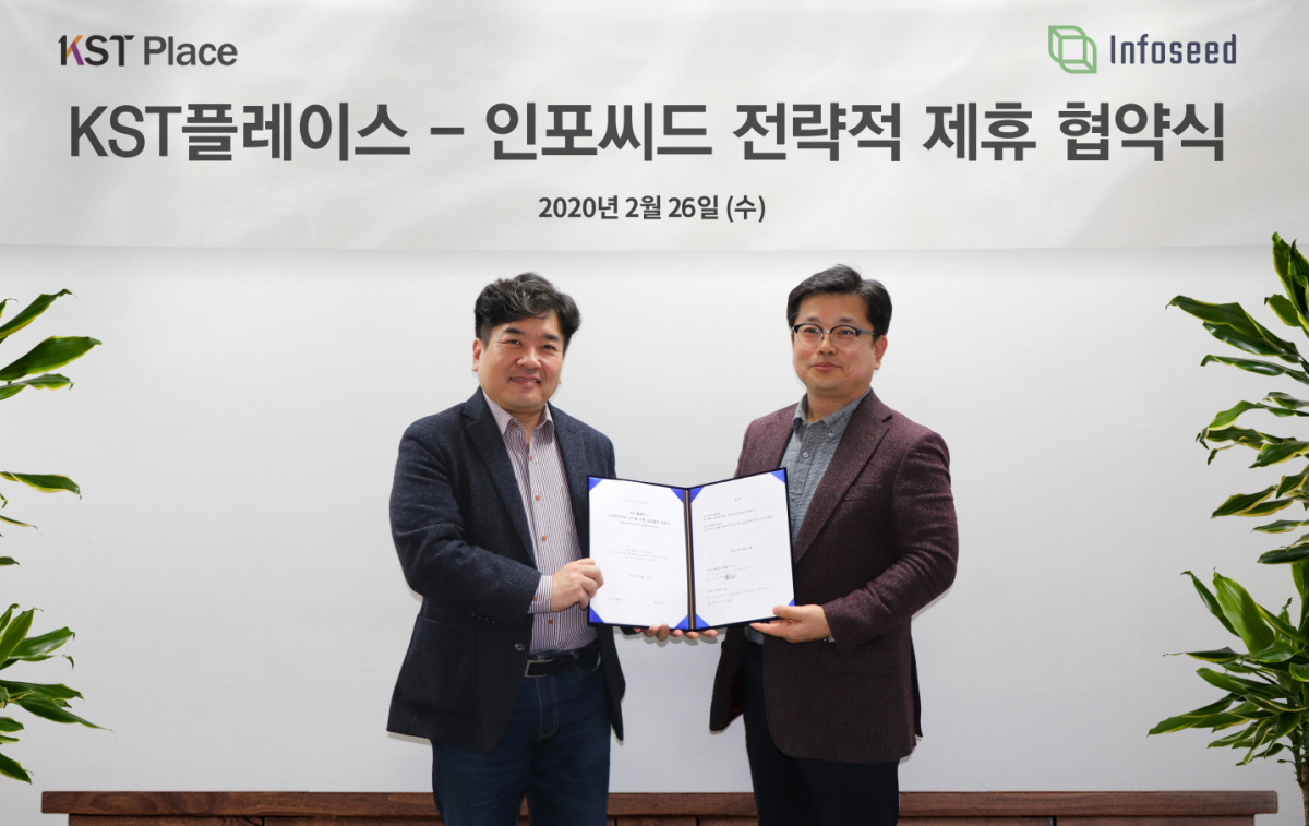 ▲권요한 인포씨드 대표(왼쪽)와 이정표 KST플레이스 대표가 업무협약 체결 후 기념촬영을 하고 있다.  (사진제공=KST플레이스)