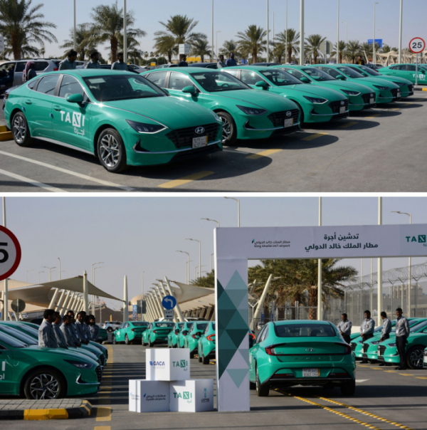 ▲현대차는 사우디아라비아 최대 운수기업 중 하나인 알 사프와(Al-Safwa)社와 신형 쏘나타 1000대를 앞세워 '공항 택시 공급계약'을 체결했다. 지난달 22일 킹 칼리드(King Khalid) 국제공항에서 알 사프와社에 인도한 신형 쏘나타의 모습.  (사진제공=현대차)