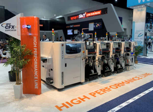 ▲한화정밀기계가 ′IPC APEX 2020’ 전시장에 설치한 칩마운터 솔루션 (사진제공=한화정밀기계)