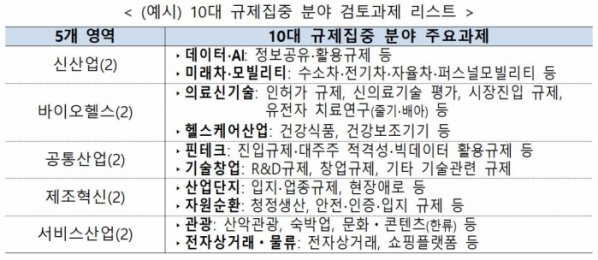 ▲10대 규제집중 분야 검토과제 리스트 (자료제공=기획재정부)