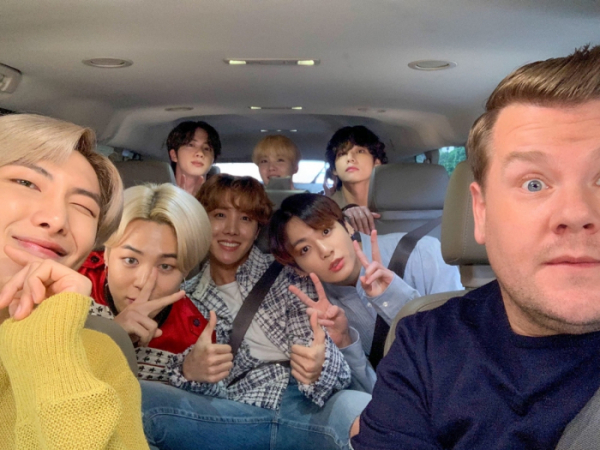 ▲‘제임스 코든쇼’에 출연한 방탄소년단(사진 제공=James Corden CBS)