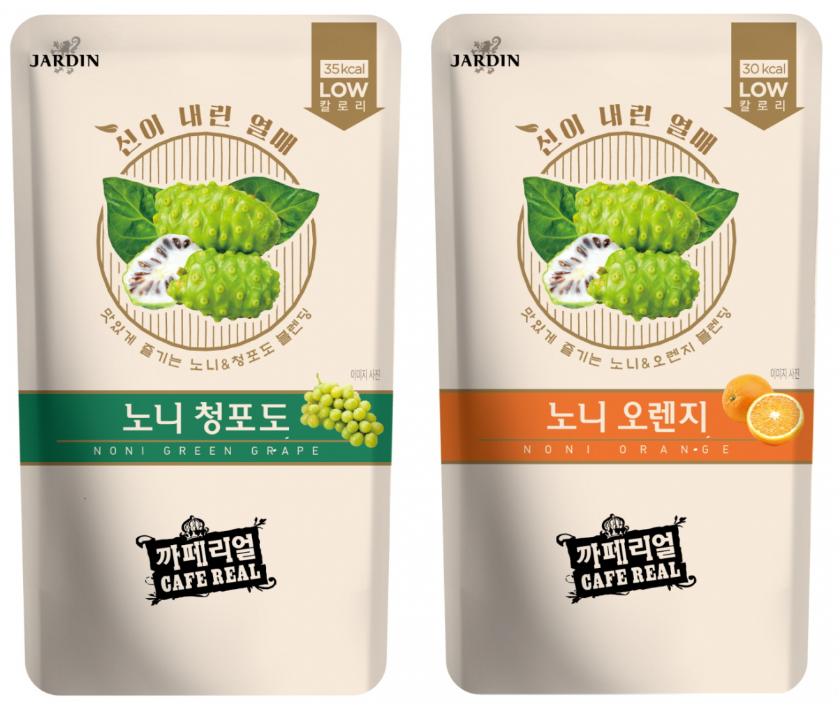 ▲자뎅과 손잡고 출시하는 노니 함유 파우치 음료 2종(노니청포도, 노니오렌지) (사진제공=이마트24)