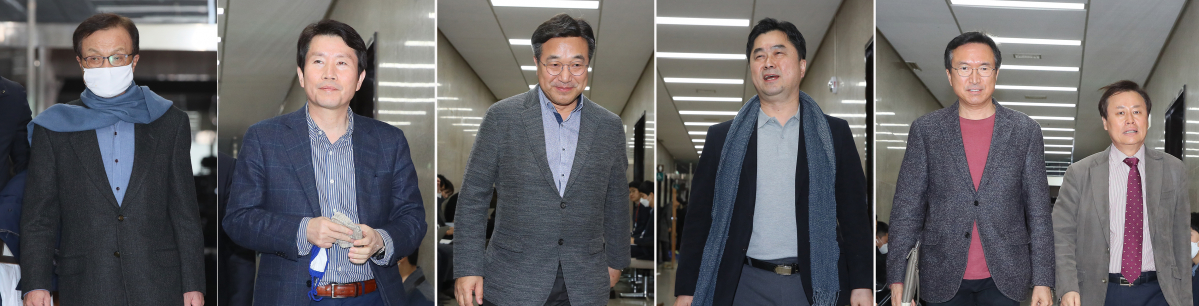 ▲더불어민주당 이해찬 대표(왼쪽부터), 이인영 원내대표, 윤호중 사무총장, 김종민 의원, 이근형 전략기획위원장, 도종환 전략공천위원장이 8일 국회에서 비례연합정당 논의를 위해 열린 비공개 최고위원회의에 각각 참석하고 있다. (연합뉴스)