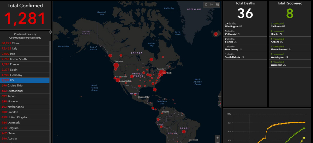 ▲미국 코로나19 환자 현황. 11일(현지시간) 오전 7시 30분 기준. 출처 존스홉킨스대 코로나맵 캡처
