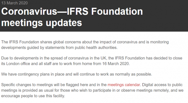 ▲IFRS17 도입 논의를 위한 국제회계기준위원회(IASB)가 코로나19 영향으로 재택근무를 시행한다고 공지했다.  (출처=IASB 홈페이지)