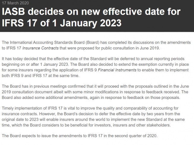 ▲국제회계기준위원회(IASB)는 18일 새 국제회계기준(IFRS17) 도입 시기를 2023년으로 1년 연기한다고 밝혔다.  (사진=IASB 홈페이지)