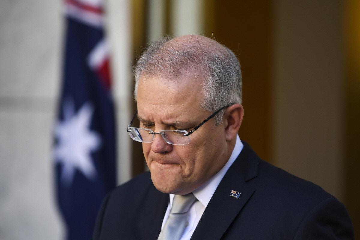 ▲스콧 모리슨 호주 총리가 18일(현지시간) 캔버라 국회의사당에서 기자회견을 하고 있다. 캔버라/EPA연합뉴스
