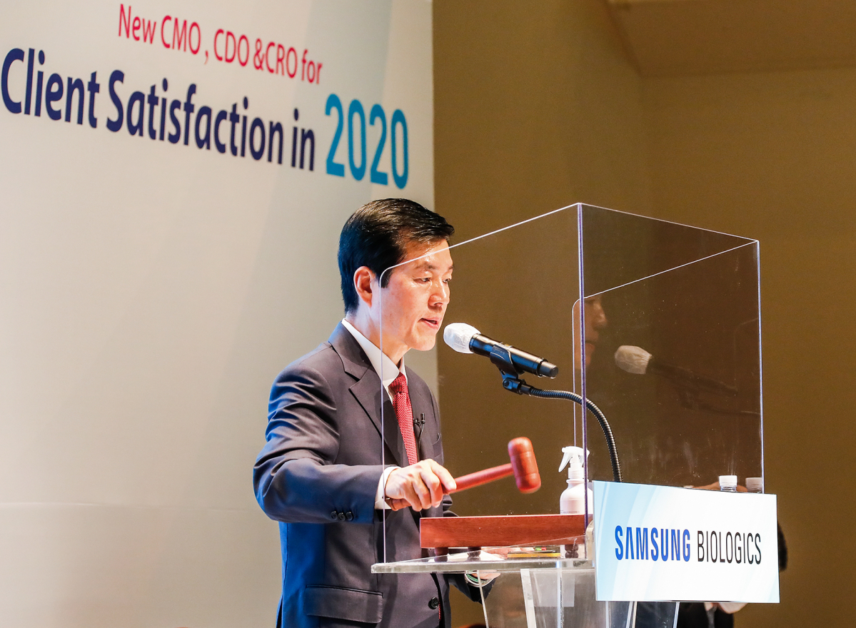 ▲김태한 삼성바이오로직스 사장이 20일 오전 인천글로벌캠퍼스 공연장에서 열린 삼성바이오로직스 제9기 정기주주총회에서 발언하고 있다. (사진제공=삼성바이오로직스)