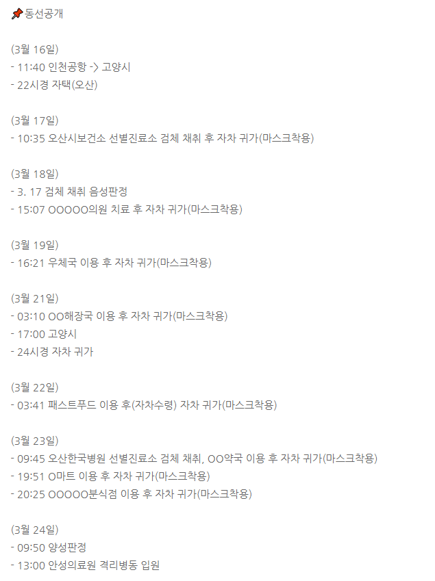 ▲오산시 코로나 확진자 동선 공개 (출처=오산시청 홈페이지 캡처)