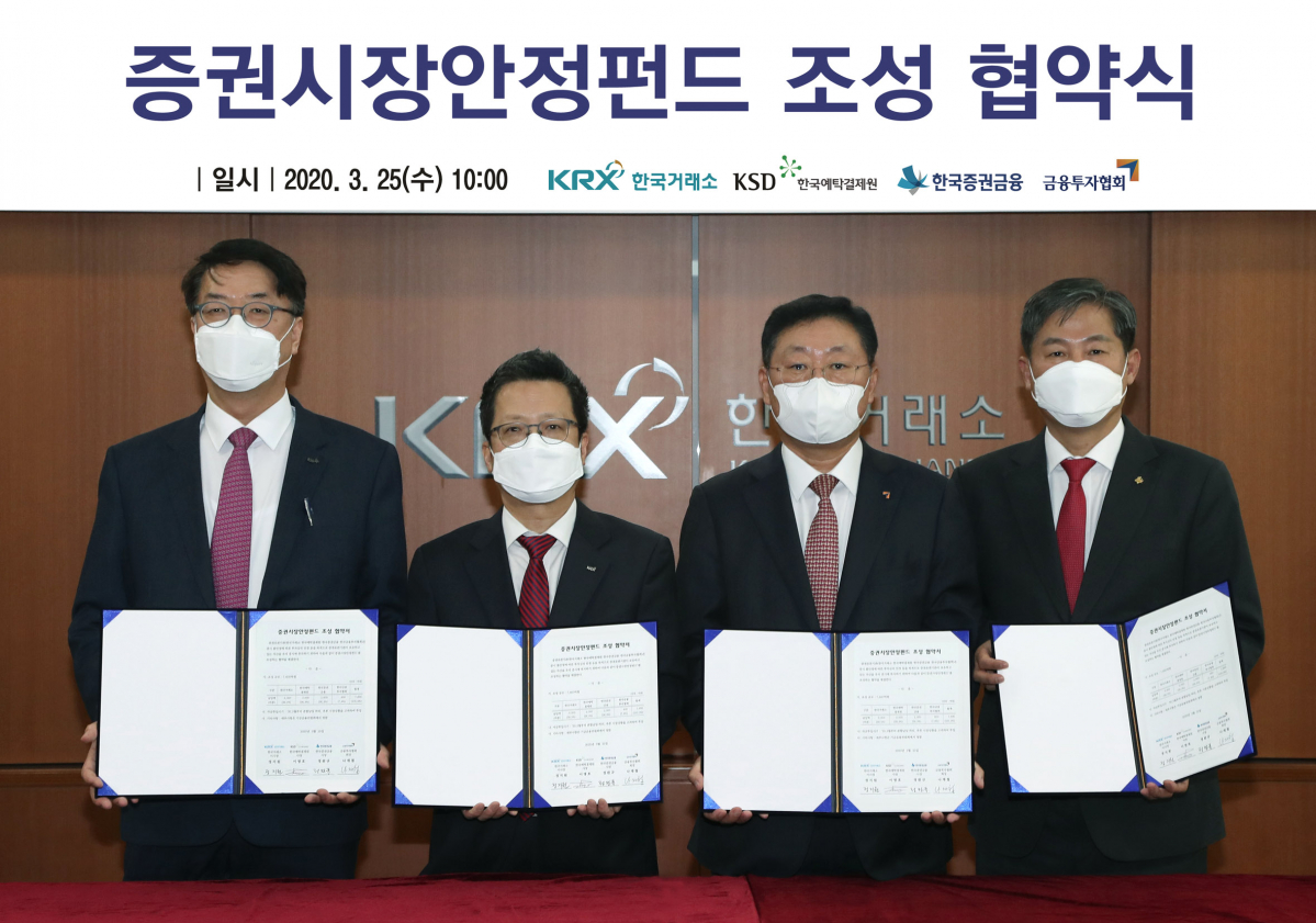 ▲25일 한국거래소 서울사옥에서 이명호 한국예탁결제원 사장(가장 왼쪽), 정지원 한국거래소 이사장, 나재철 한국금융투자협회 회장, 정완규 한국증권금융 사장 등 증권 유관기관 네 곳이 증안펀드 조성 협약식을 체결한 뒤 기념촬영을 하고 있다. (사진제공=한국거래소)