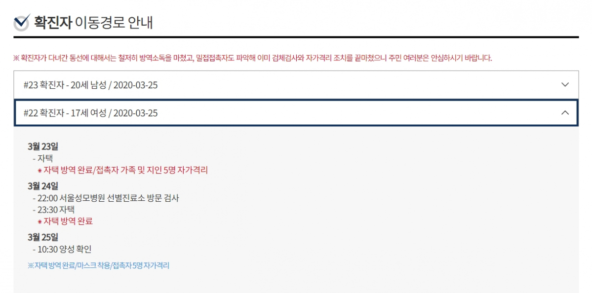 ▲강남구청 20번부터 23번 확진자 발생 소식 알려 (출처=강남구청 홈페이지 캡처)