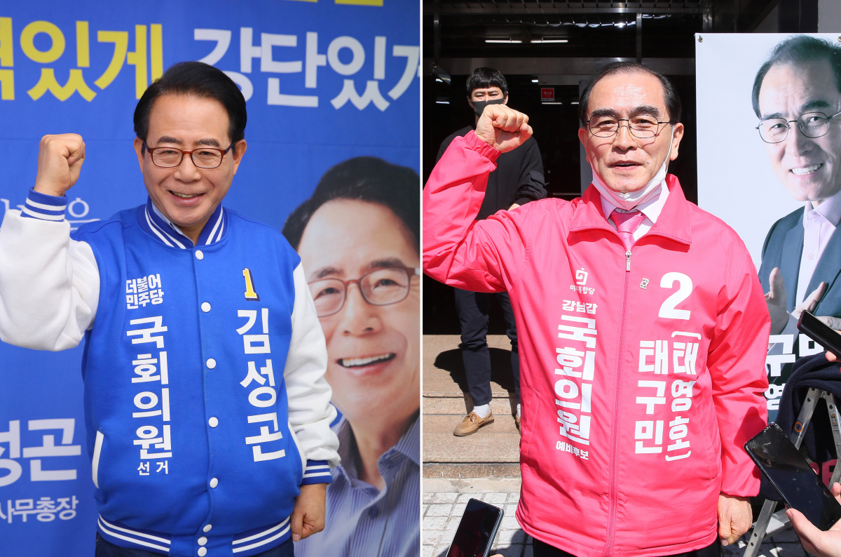 ▲제21대 총선 서울 강남갑에서 맞붙는 더불어민주당 김성곤 후보(왼쪽)와 미래통합당 태구민(태영호) 후보가 22일 서울 강남구 각자의 사무실에서 승리를 다짐하고 있다. (연합뉴스)