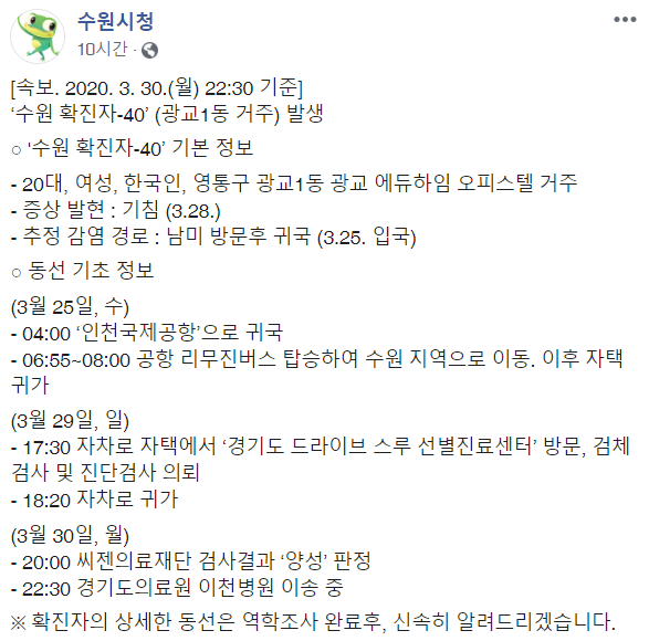 ▲수원시 코로나 확진자 동선 공개 (출처=수원시청 페이스북)