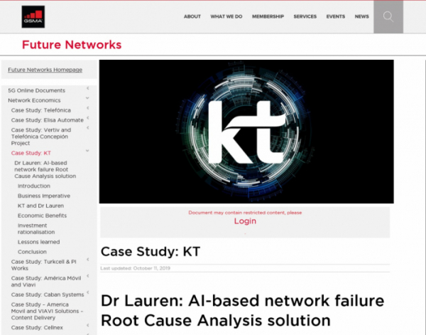 ▲KT는 자체 개발한 인공지능 기반 통신 장애 분석 솔루션 ‘닥터 로렌(Dr. Lauren)’이 ‘세계이동통신사업자연합회(GSMA)’의 ‘사례 연구(Case Study)’로 선정돼 그동안 연구 결과가 연합회 홈페이지에 공개됐다고 3일 밝혔다. KT 닥터 로렌이 소개된 세계이동통신사업자연합회 사례 연구 홈페이지 이미지. (KT 제공)