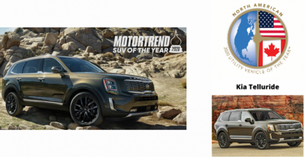▲텔루라이드는 지난해 11월 모터트렌드가 선정한 '2020 올해의 SUV'(왼쪽)로 선정됐다. 올해 1월에는 '북미 올해의 차' SUV 부문(오른쪽)을 차지했다.  (사진제공=NACTOY/MOTORTREND)