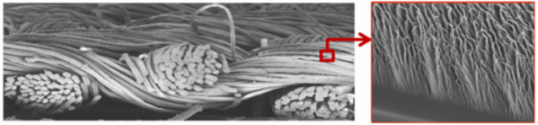 ▲섬유 가닥(지름:수백 마이크로미터) 표면이 나노단위로 제어되어 있는 나노구조체 이미지 (과기정통부 제공)