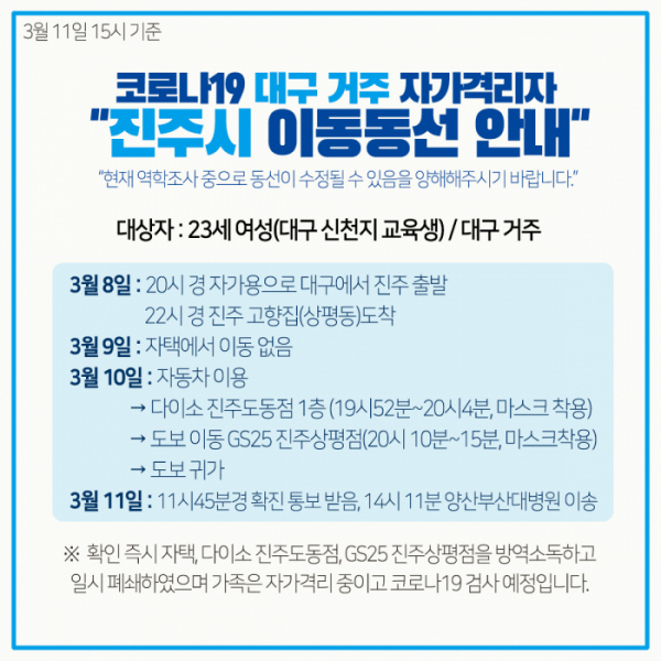 ▲진주시청이 코로나19 확진자의 동선을 공개한 가운데 신천지 교육생으로 드러났다.  (출처=진주시청 SNS)